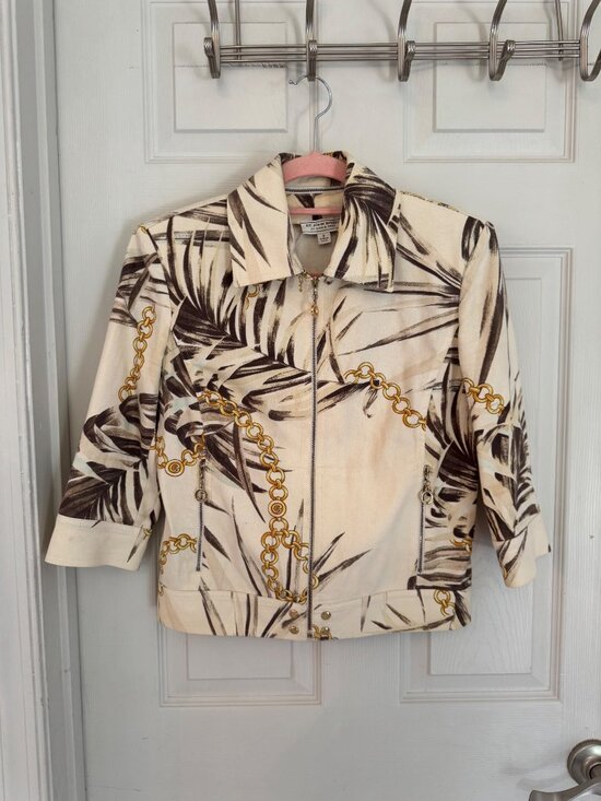 St. John Sport by Marie Gray Jackets & Blazers - St. John Sport By Marie Gray Palm & Chain Print Jacket Zip-Up Pockets Made In US